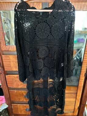 Black Crochet Long Sleeve Dress Cover-Up